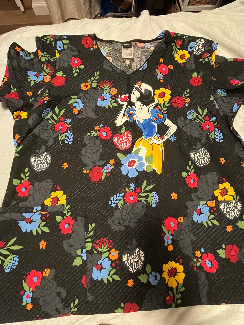 Snow White Graphic Floral Black Scrub Top